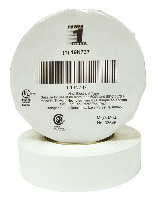 Elec Tape 66 ft Lx3/4 in W 7 mil White