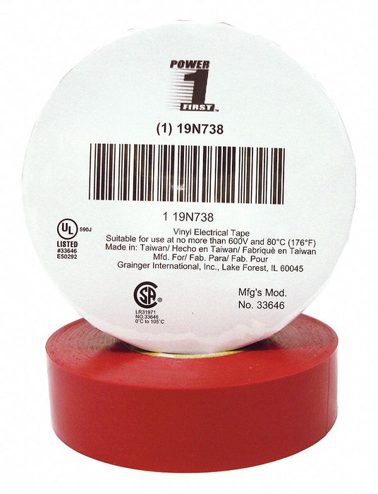 Elec Tape 66 ft Lx3/4 in W 7 mil Red