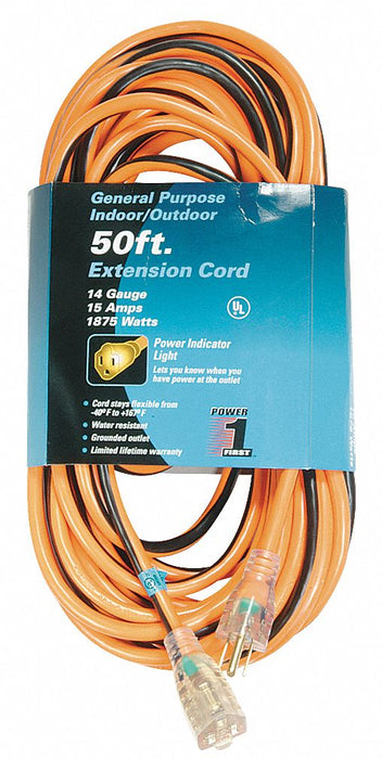 Ext.Cord 50ft Blk/Org 14AWG Round