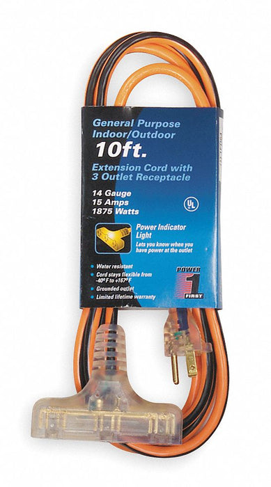 Ext.Cord 10ft Blk/Org 14AWG Round