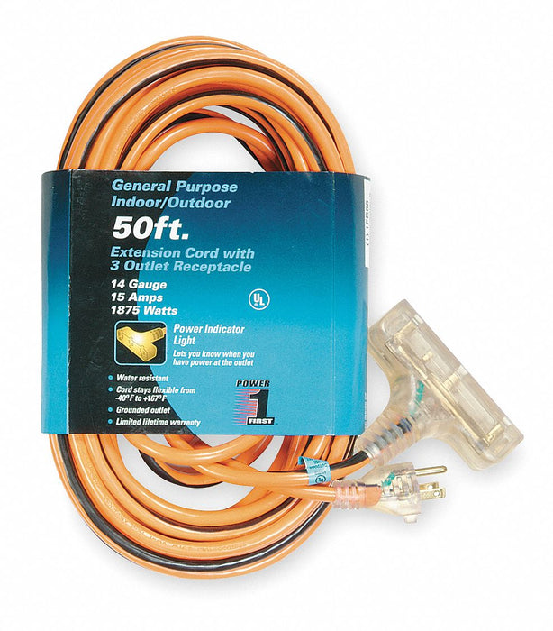 Ext.Cord 50ft Blk/Org 14AWG Round