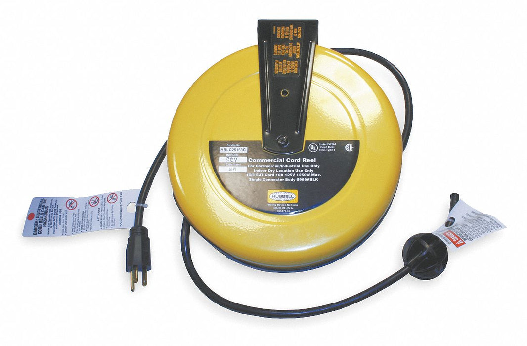 Cord Reel 25 ft 16/3 SJT Yellow 120VAC