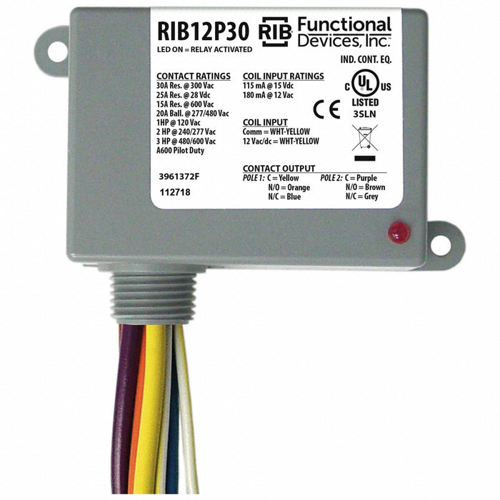 Pre-Wired Relay 12VAC/DC DPDT 30A