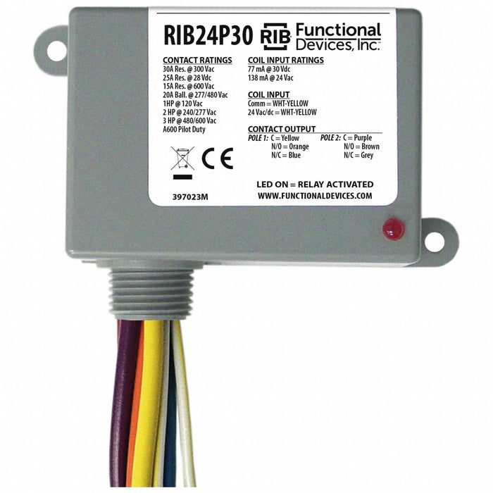 Pre-Wired Relay 24VAC/DC DPDT 30A