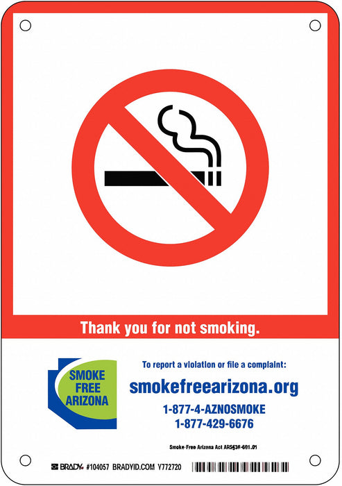 AZ State No Smoking Sign 14X10 Plas