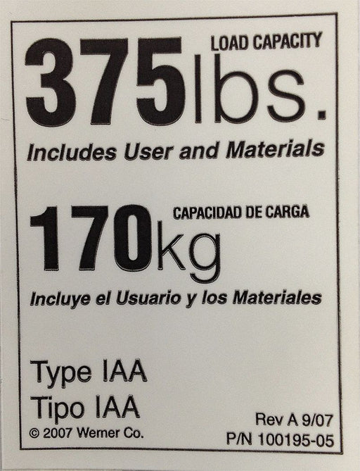 Duty Rating Label Replacement 375 lb