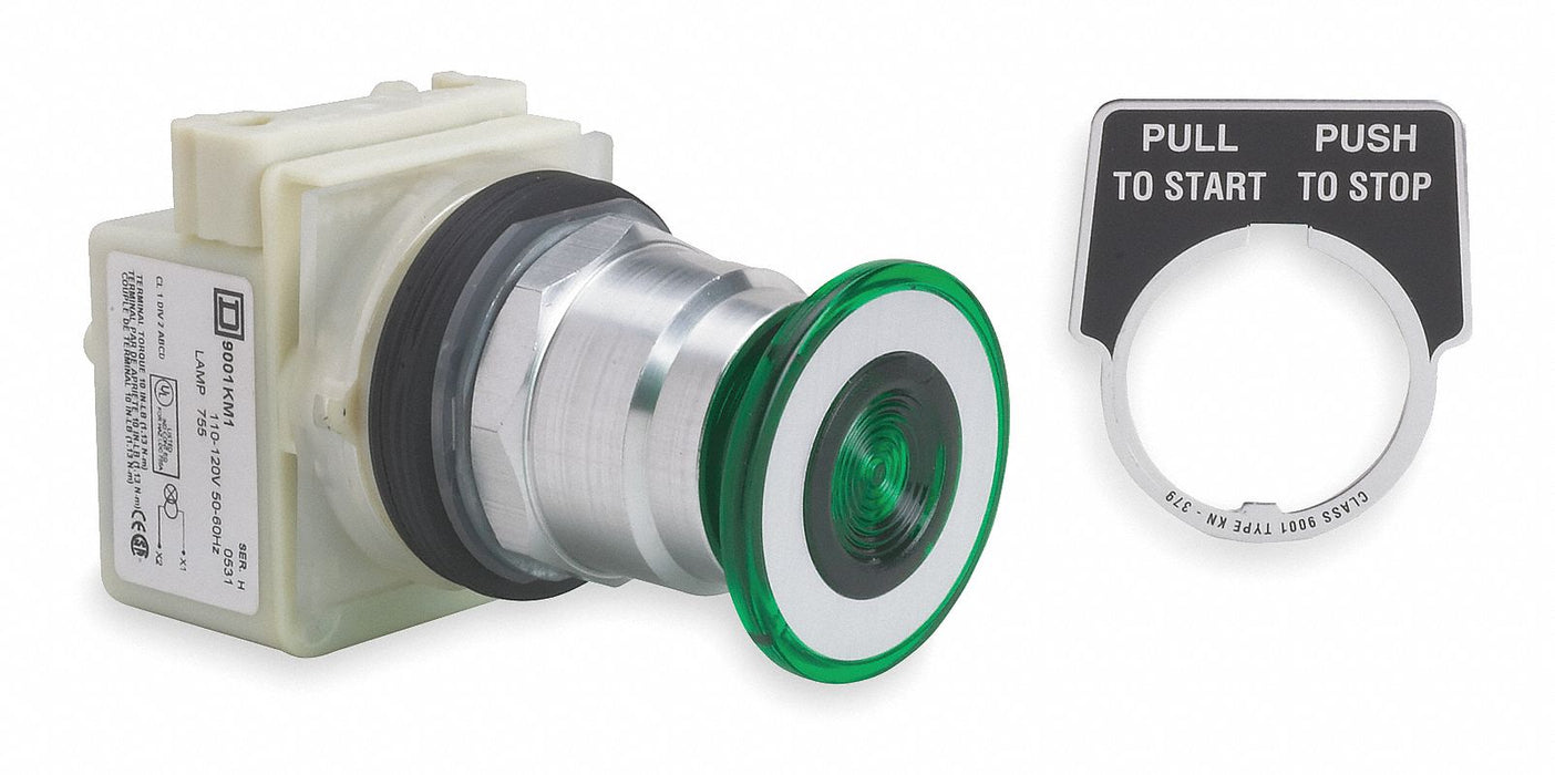 Mushroom Head Push Button Green LED 30mm