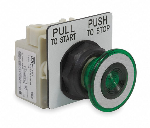 Mushroom Head Push Button Green LED 30mm