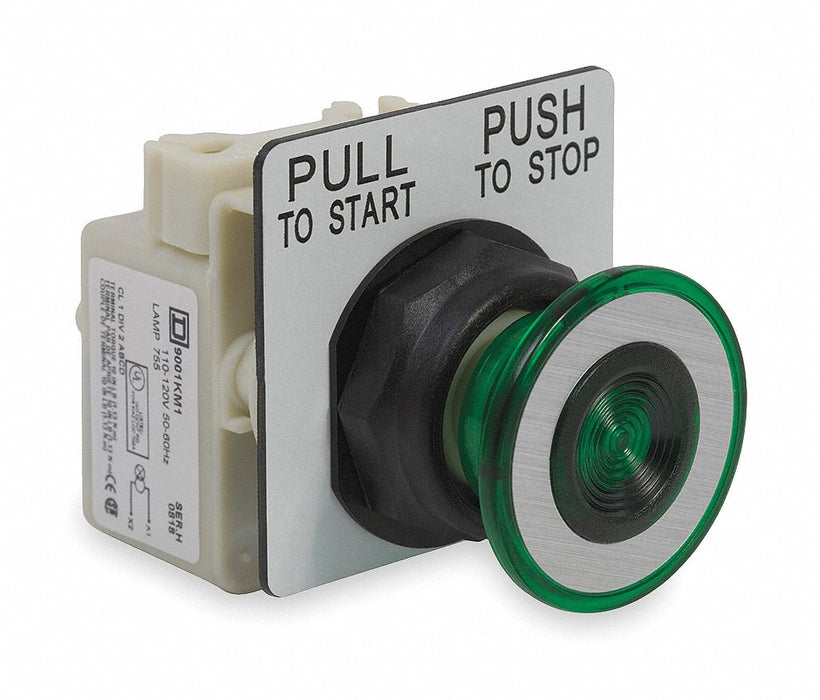 Mushroom Head Push Button Green LED 30mm