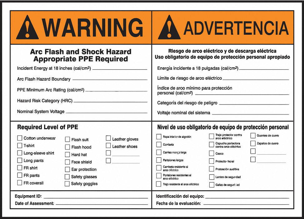 Arc Flash Label 7 in x 10 in Vinyl