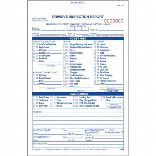 Vehicle Inspection Form 3 Ply Carbonless