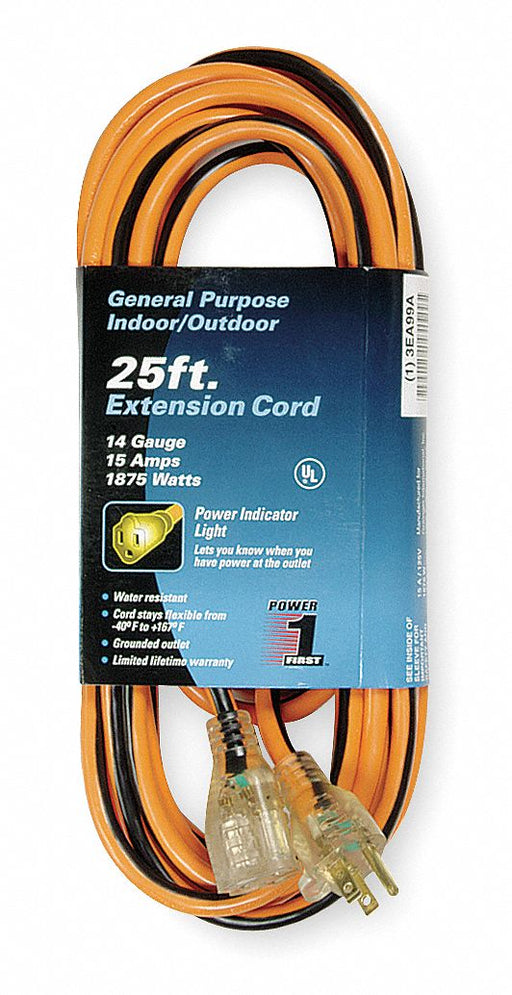 Ext.Cord 25ft Blk/Org 14AWG Round