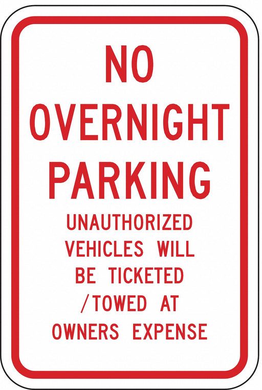No Overnight Parking Sign 18 x 12 