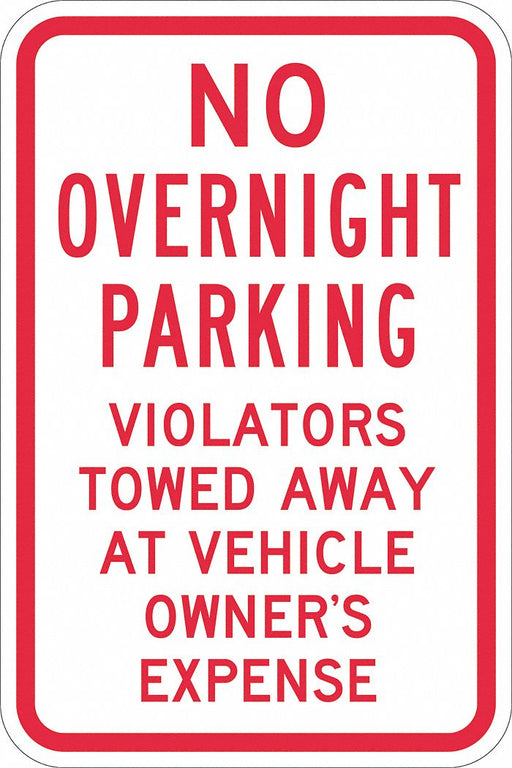 No Overnight Parking Sign 18 x 12 