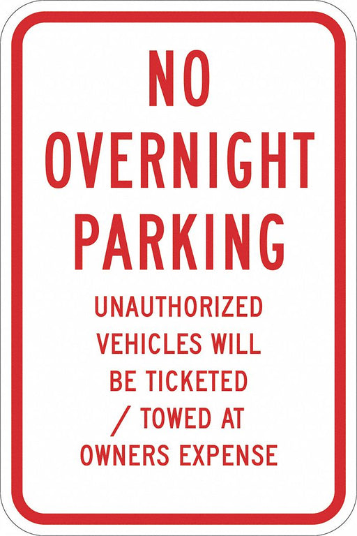 No Overnight Parking Sign 18 x 12 