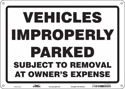 Improperly Parked Vehicles Sign 10 x14 