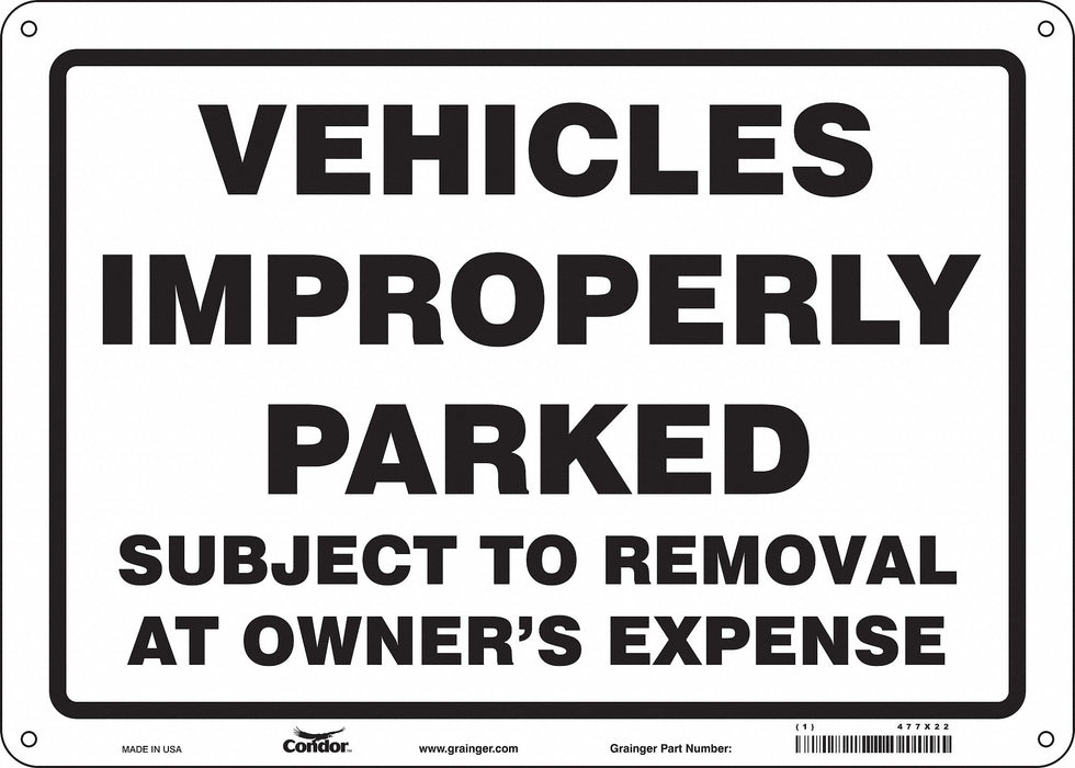Improperly Parked Vehicles Sign 10 x14 