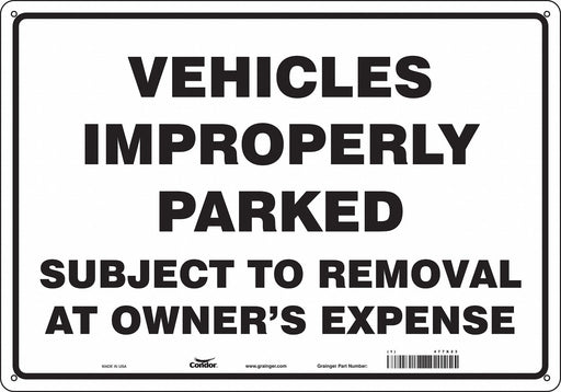 Improperly Parked Vehicles Sign 14 x20 