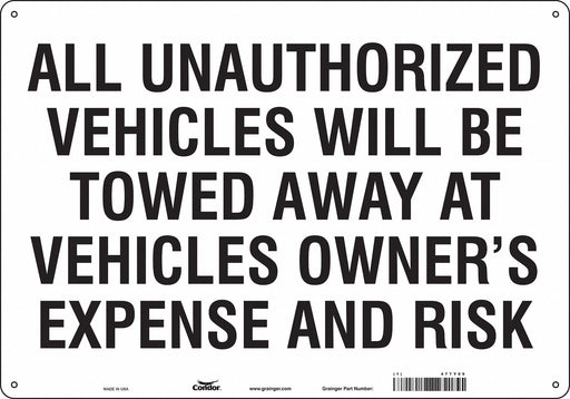 Vehicles Will Be Towed Sign White 14x20 