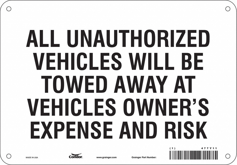 Vehicles Will Be Towed Sign White 7x10 