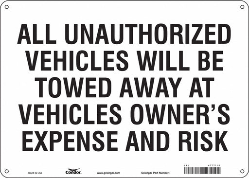 Vehicles Will Be Towed Sign White 10x14 