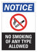 No Smoking Sign 10 inx7 in Plastic