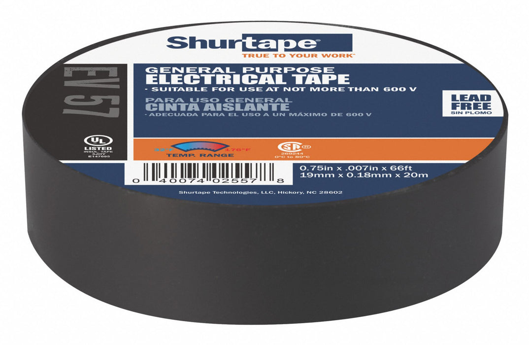 Elec Tape 66 ft Lx3/4 in W 7 mil Black
