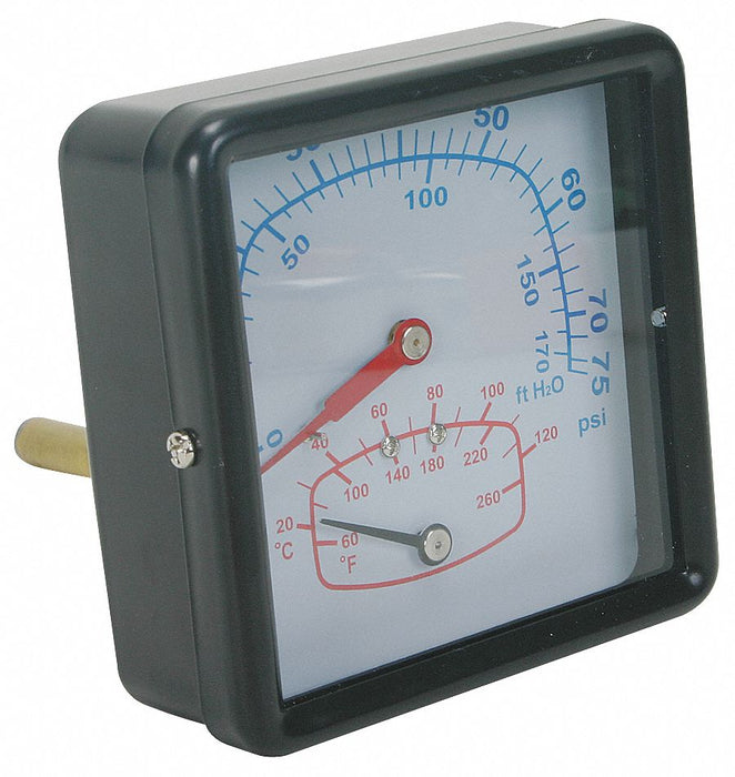 Boiler Gauge Square 0-75 PSI 60 to 260 F