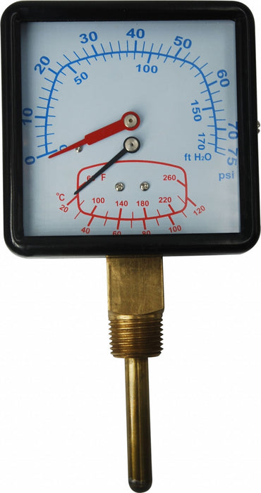 Boiler Gauge Square 0-75 PSI 60 to 260 F