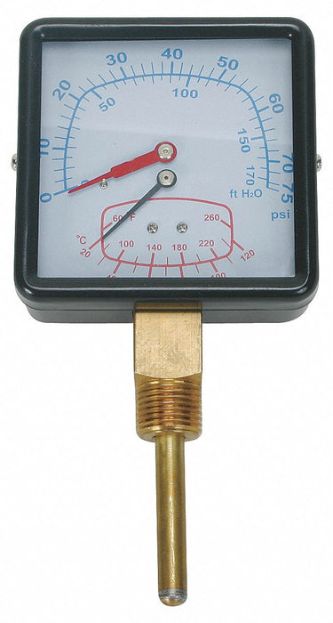 Boiler Gauge Square 0-75 PSI 60 to 260 F