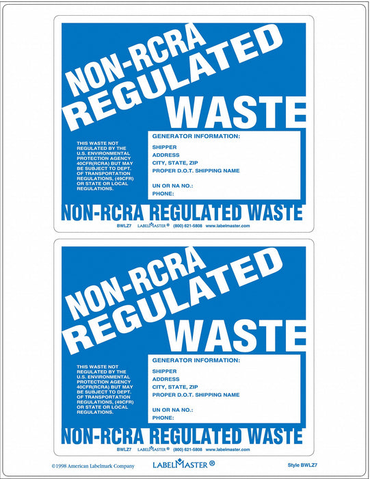 Lasr Non-RCRA Regulated Waste Label PK25
