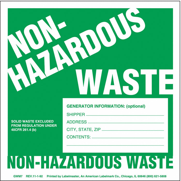 Non-Hazardous Waste Label w/Gener PK100