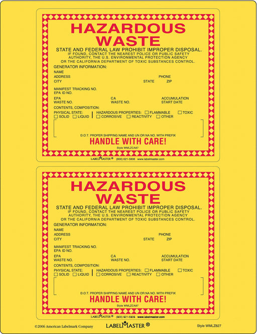 California Waste Label Paper 6 x5 PK25