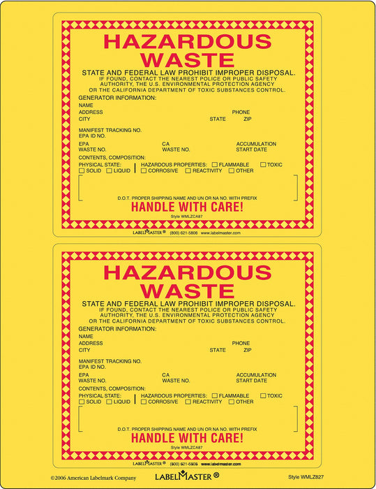 California Waste Label Paper 6 x5 PK25