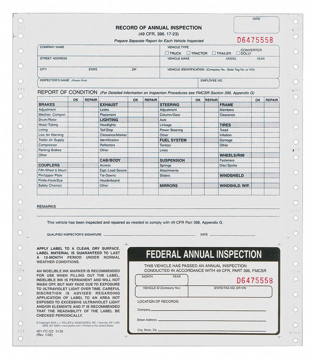 Vehicle Inspection Form Carbonless PK10