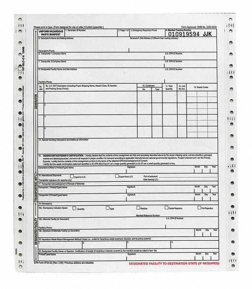 Uniform Hazardous Waste Manifest PK500