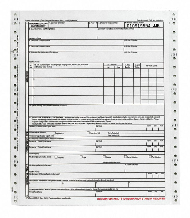 Uniform Hazardous Waste Manifest PK500