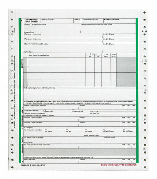 Non Hazardous Waste Manifst 6-part PK500