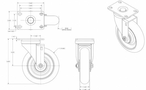Plate Caster Swivel Rubber 6 1/4 H