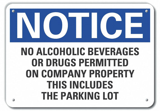 Alum No Alcohol/Drugs Notice Sign 7x10in