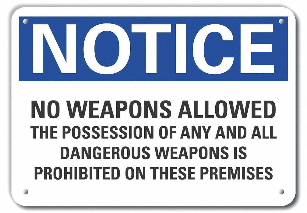 Aluminum No Weapons Notice Sign 10x14in