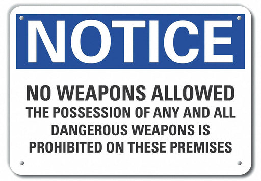 Aluminum No Weapons Notice Sign 7x10in