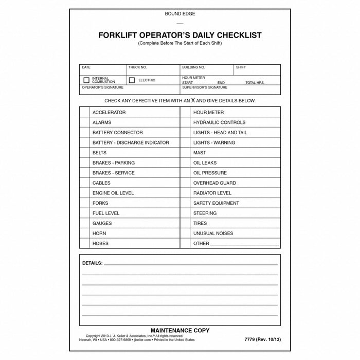 Forklift Inspection Book Yellow 5 1/2 W