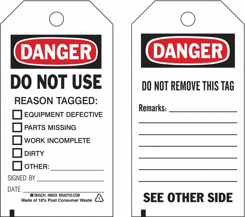 Danger Tag 5 3/4in H 3in W Polyster PK10