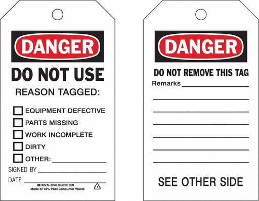 Danger Tag 7 in H 4 in W Polyester PK10
