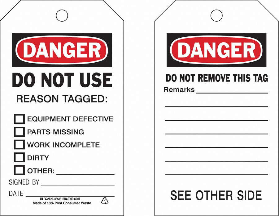 Danger Tag 7 in H 4 in W Polyester PK10