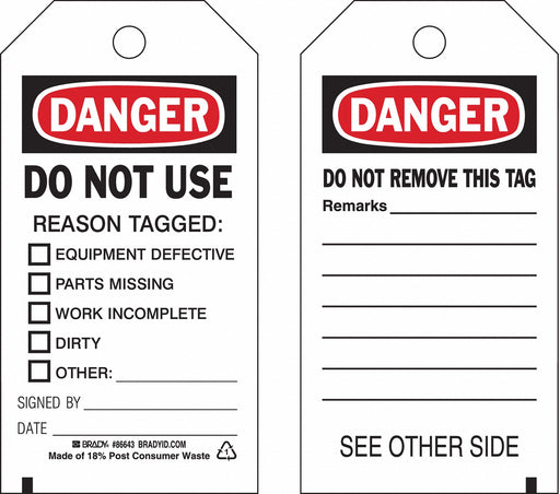 Danger Tag 5 3/4in H 3in W Crdstck PK100