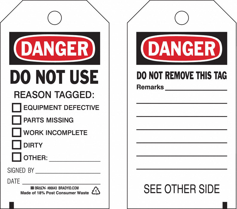 Danger Tag 5 3/4in H 3in W Crdstck PK100
