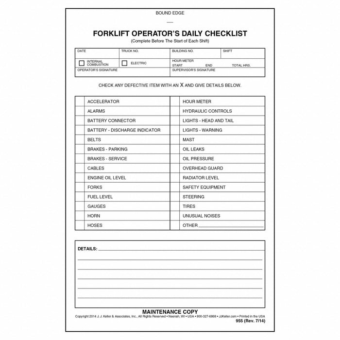 Forklift Inspection Book White 5 1/2 W