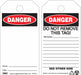 Danger Tag 5 3/4in H 3in W Plastic PK10